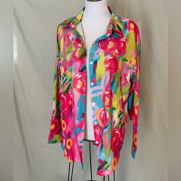 NWOT SHEIN Colorful Floral Button Down Shirt long sleeve pink blue green XXL - Picture 2 of 16